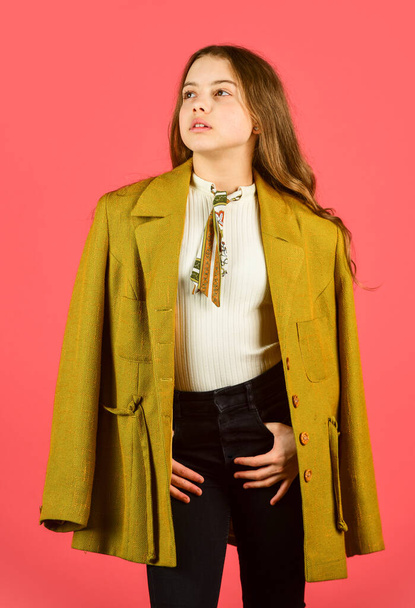 stylish looking girl. small girl wear autumn jacket. retro fashion model. beauty and fashion. looking trendy this fall season. vintage concept. confident and ambitious. teen collection - 写真・画像