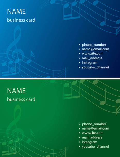 business cards in blue and green colors -  vector backgrounds with music notes - Vector, Image
