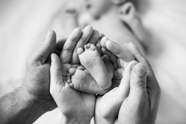 Black and white Close up view of courageous male hands and gentle female hands holding the feet of a newborn together - Photo, Image