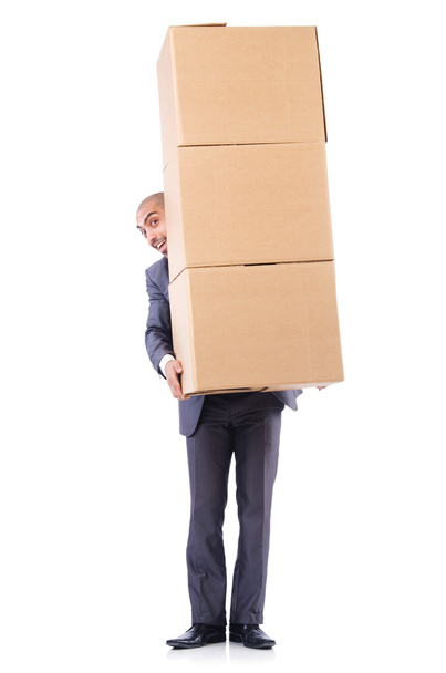 Uomo d'affari con scatola isolata sul bianco
 - Foto, immagini