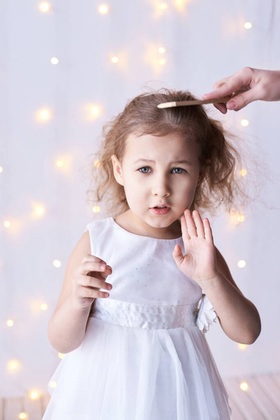 Stop denied gesture. Little cute girl portrait. Hairstylist comb. Photography - Zdjęcie, obraz