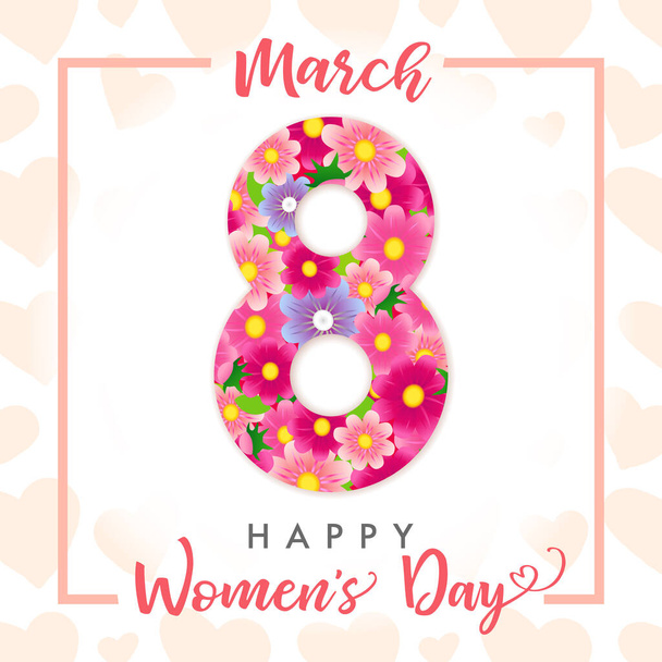 March 8, Happy Womens Day elegant congrats. Lovely pink background, cut white number, calligraphic text. Isolated abstract graphic design template. Decorative bright 3D symbol and basket of flowers. - Vector, Image