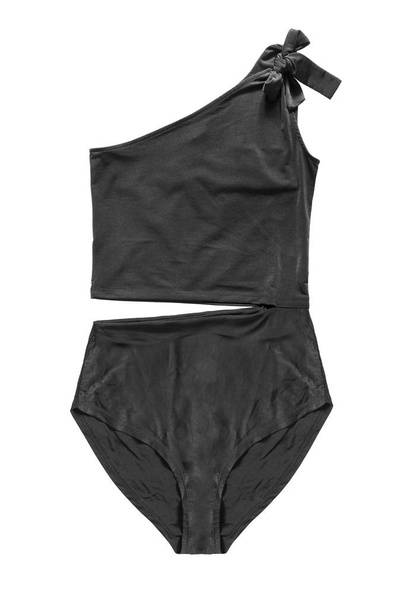 Black slit one shoulder swimsuit isolated over white - 写真・画像