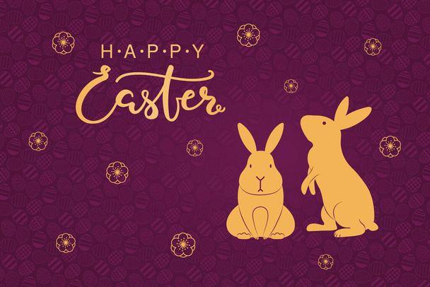 banner ontwerp met schattige konijnen, lentebloemen, tekst Happy Easter op paarse achtergrond. Platte stijl ontwerp. Concept voor vakantiedruk - Vector, afbeelding