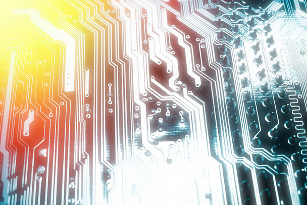 Blauw elektronisch moederbord circuit close-up macro achtergrond. - Foto, afbeelding