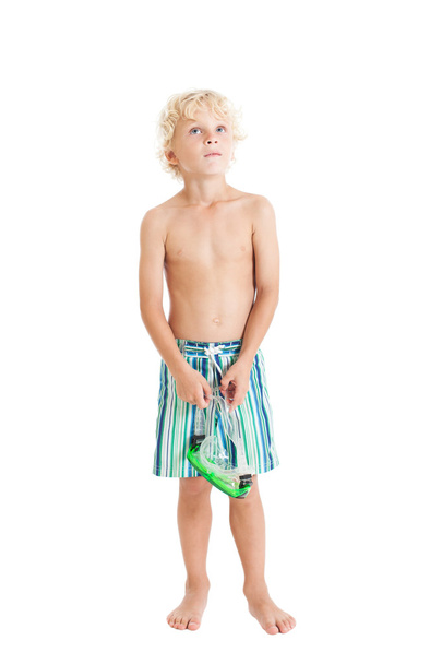 Blond European boy in swimming shorts - Фото, изображение