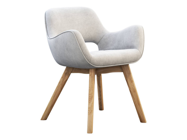 White fabric chair with wooden legs on white background. Mid-century modern wooden frame chair. 3d render - Foto, imagen
