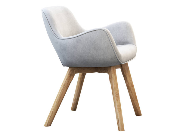 White fabric chair with wooden legs on white background. Mid-century modern wooden frame chair. 3d render - Foto, Imagen