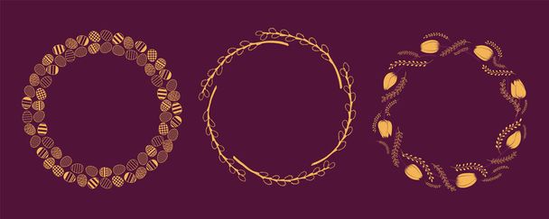 Набор золотых декоративных пасхальных венков, оправ, яиц, тюльпанов, ивовых ветвей на фиолетовом фоне. Концепция дизайна для пасхальной печати
  - Вектор,изображение