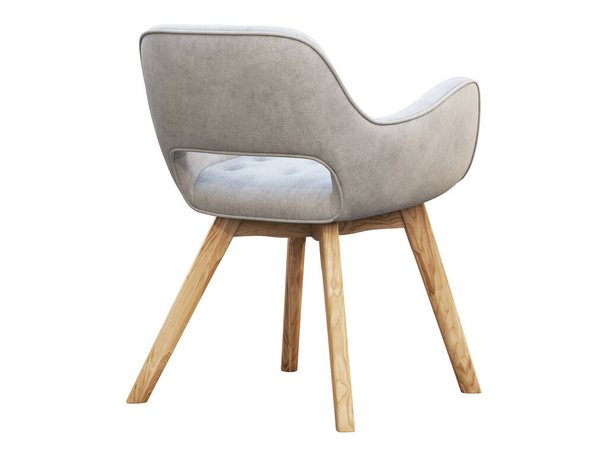 White fabric chair with wooden legs on white background. Mid-century modern wooden frame chair. 3d render - Zdjęcie, obraz