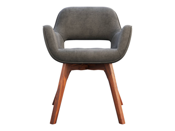Gray fabric chair with walnut legs on white background. Mid-century modern wooden frame chair. 3d render - Photo, Image