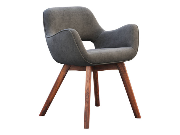 Gray fabric chair with walnut legs on white background. Mid-century modern wooden frame chair. 3d render - Foto, imagen