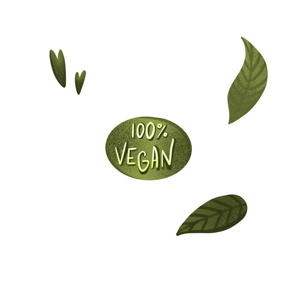 Digital illustration of a cute textural oval emblem with a green inscription 100 percent vegan. Print for fabrics, posters, menus, restaurants, banners, web design, product packaging. - Foto, Imagem