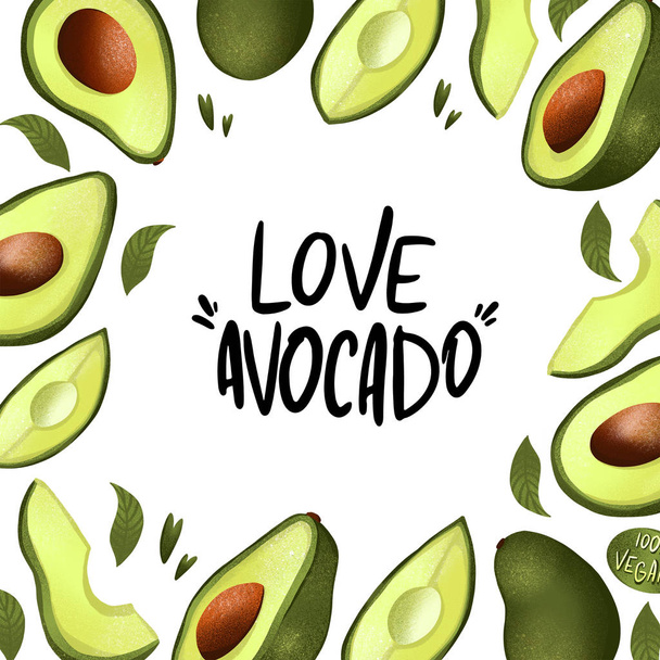 Digital illustration square poster postcard with handwritten inscription love avocado and avocado on a white background. Print for banners, web design, invitation cards, paper, fabrics, packaging. - Photo, Image