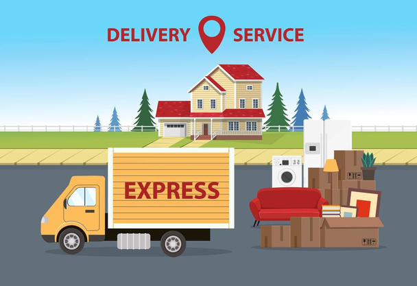  箱とトラックと家のある背景。配送サービス。移転のための運送会社のための概念。平型ベクトルイラスト. - ベクター画像