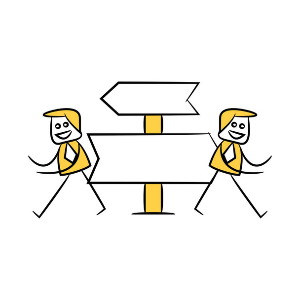 gele stok figuur zakenman en gids, bewegwijzering of wegwijzer - Vector, afbeelding