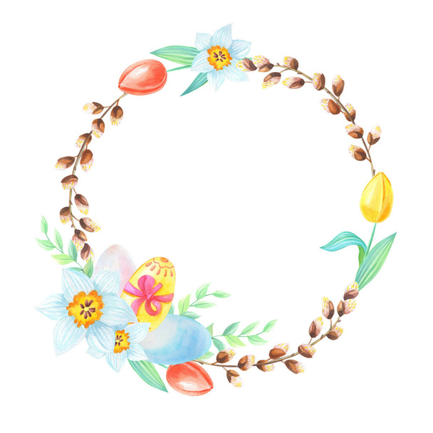 Watercolor wreath of willow,eggs,narcissus,tulips.Frame of spring flowers,Easter twig,leaves.Cute watercolour illustration on a white background. - Photo, Image