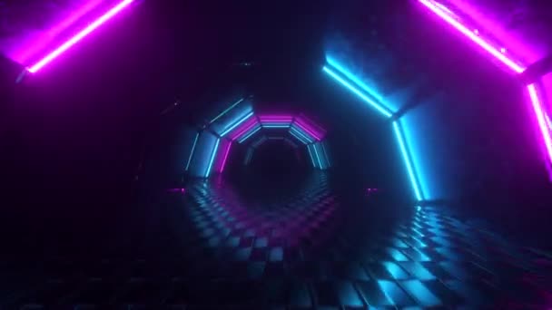 Flug durch sechseckigen Korridor, glühender Tunnel, rosa blaues Neonlicht, abstrakter Hintergrund, 80er-Jahre-Retro-Stil, Popmusikbühne, Modepodium. Nahtlose 3D-Renderschleife - Filmmaterial, Video
