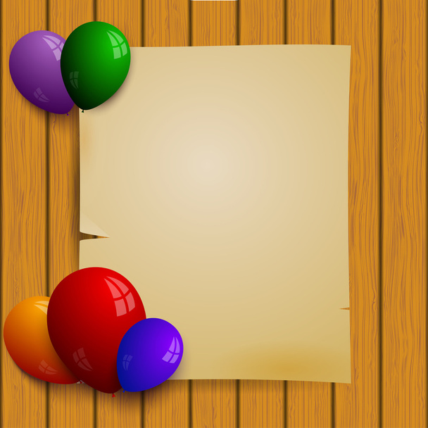 Wooden plank wall with a piece of paper and balloons - Vector, afbeelding