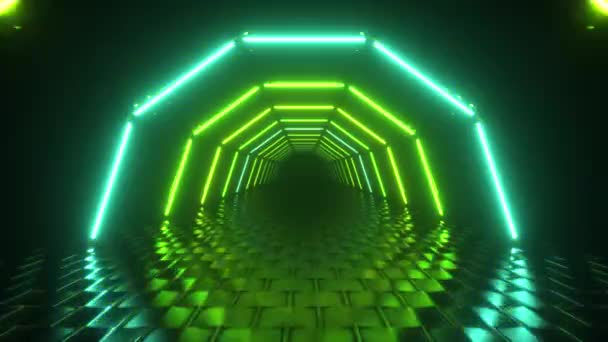 Flug durch sechseckigen Korridor, glühender Tunnel, grünblaues Neonlicht, abstrakter Hintergrund, 80er-Jahre-Retro-Stil, Popmusikbühne, Modepodium. Nahtlose 3D-Renderschleife - Filmmaterial, Video