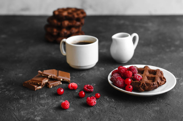 Homemade chocolate waffles with cocoa and powdered sugar on a plate with raspberries and chocolate on a dark background space for text - Photo, Image