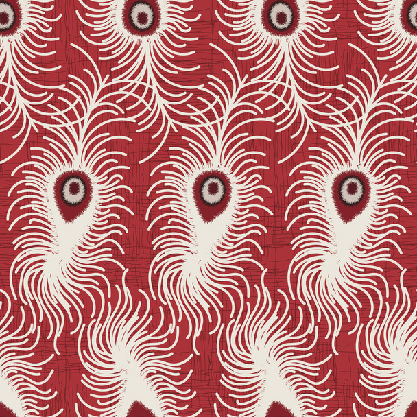 white peacock feathers on a textured red background seamless vector pattern - Vektor, kép