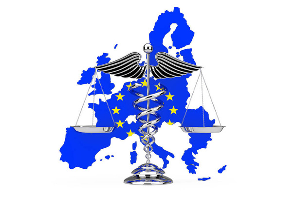 Medizinisches Caduceus-Symbol als Waage vor der Landkarte der Europäischen Union mit der Flagge der Europäischen Union auf weißem Hintergrund. 3D-Darstellung - Foto, Bild