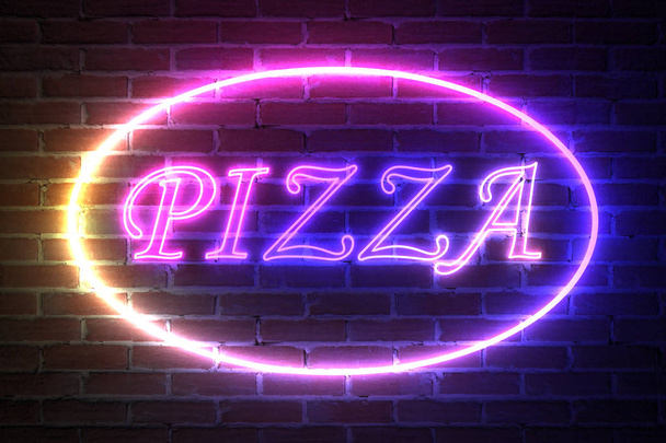Marco de luz de neón elipse con signo de pizza delante de la pared de ladrillo. Renderizado 3d
 - Foto, imagen