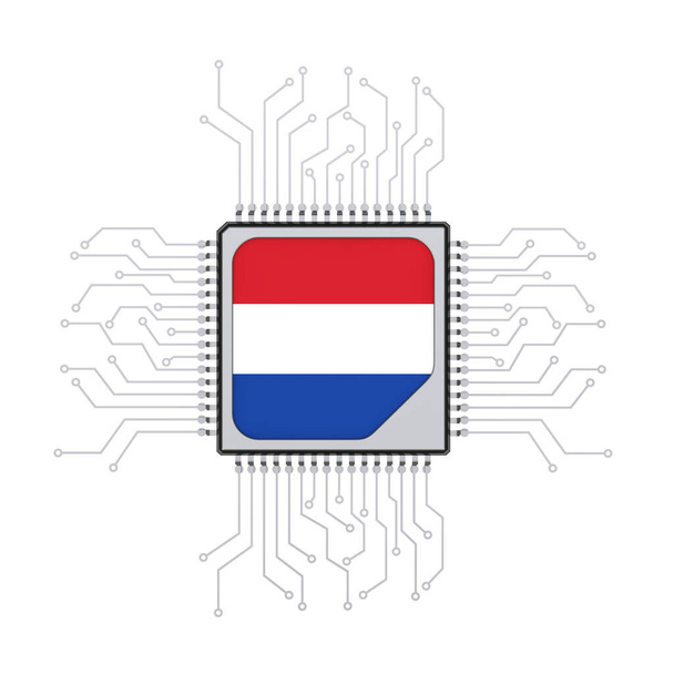 Microchip Cpu processzor Circuit és a holland zászló fehér alapon. 3d Kiolvasztás - Fotó, kép