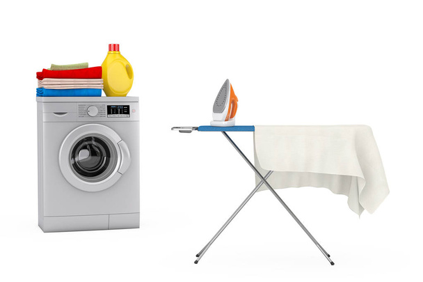 Electric Clothes Steam Iron with Ironing Board and Tablecloth near Silver Modern Washing Machine with Detergent Bottle and Pile of Clothes on a white background. 3d Rendering - Photo, Image
