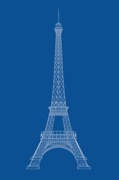 Ilustración técnica del diseño de la Torre Eiffel con marco de alambre sobre fondo azul. Renderizado 3d
 - Foto, imagen