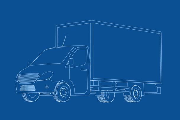 Technical Illustration of Wire-frame Style Commercial Industrial Cargo Delivery Van Truck Blueprint on a blue background. 3d Rendering - Photo, Image
