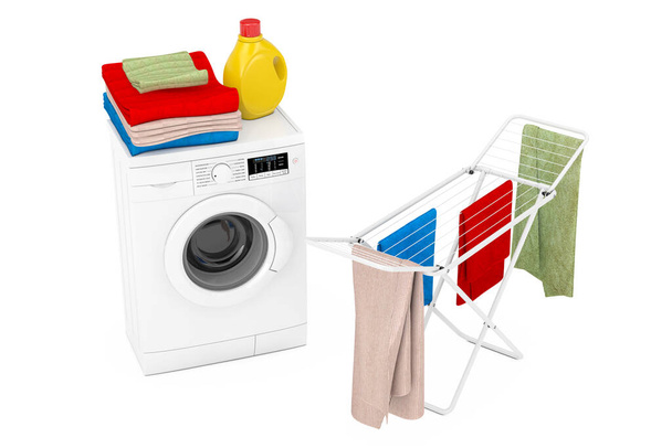 Roupas sobre White Folding Metal Clothes Rack de secagem perto de White Modern Washing Machine com garrafa de detergente e pilha de roupas em um fundo branco. Renderização 3d
 - Foto, Imagem