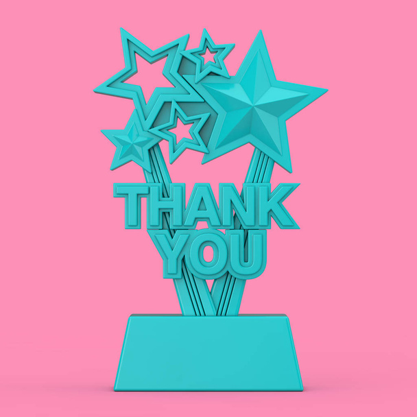 Blue Award Trophy mit Dankesschild im Duotone-Stil auf rosa Hintergrund. 3D-Darstellung  - Foto, Bild