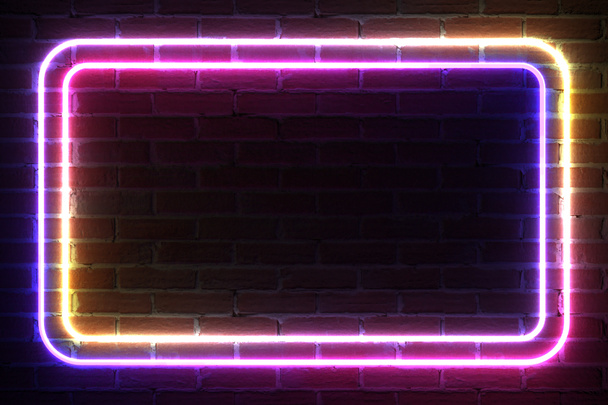 Cadre lumineux néon rectangulaire pour gabarit et disposition devant un mur de briques. Rendu 3d
 - Photo, image