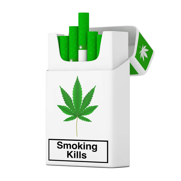 Cannabis Cigarettes Pack Concept sobre un fondo blanco. Renderizado 3d
 - Foto, imagen