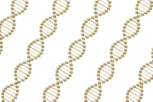 Wissenschaftskonzept. Reihen goldener Dna-Molekül-Spirale aus Metall auf weißem Hintergrund. 3D-Darstellung - Foto, Bild