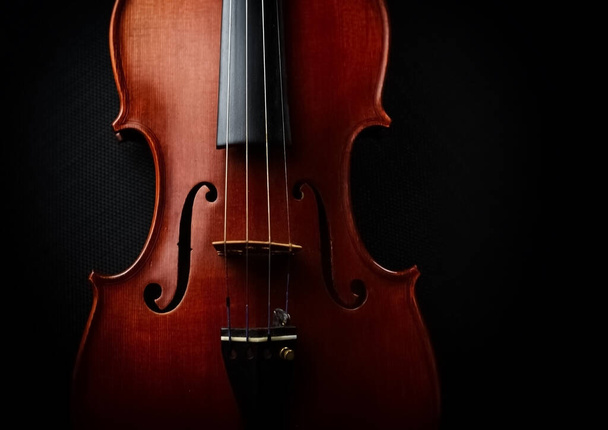 The wooden violin put on black canvas background,show front side of string instrument,vintage and art tone,blurry light around - Fotografie, Obrázek