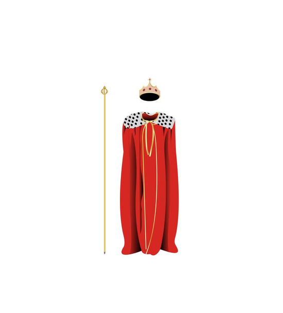 kuninkaat punainen viitta kultainen kruunu ja valtikka eristetty valkoisella pohjalla
 - Vektori, kuva