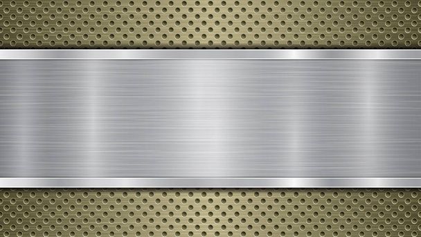Hintergrund der goldenen perforierten metallischen Oberfläche mit Löchern und silberne horizontale polierte Platte mit einer Metallstruktur, grellen und glänzenden Kanten - Vektor, Bild