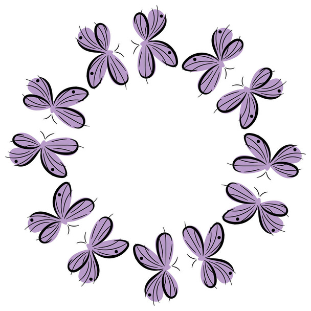 purple doodle butterflies vector round frame - ベクター画像