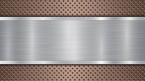 Achtergrond van bronzen geperforeerd metalen oppervlak met gaten en horizontale zilveren gepolijste plaat met een metalen textuur, glans en glanzende randen - Vector, afbeelding