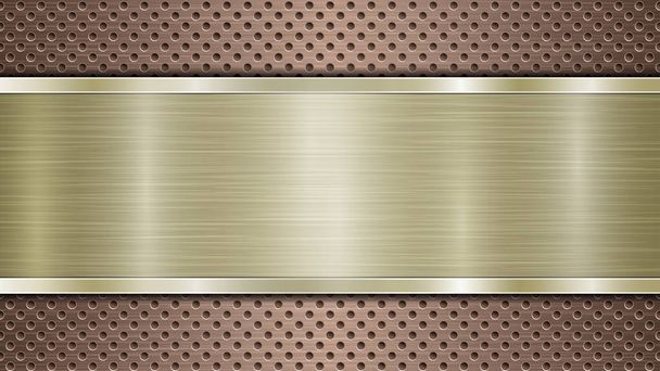 Фон з бронзової перфорованої металевої поверхні з отворами та горизонтальною золотистою полірованою пластиною з металевою текстурою, блискавками та блискучими краями
 - Вектор, зображення