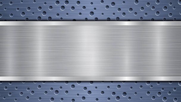 Achtergrond van blauw geperforeerd metallic oppervlak met gaten en horizontale zilver gepolijste plaat met een metalen textuur, glares en glanzende randen - Vector, afbeelding