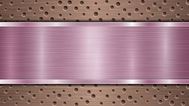Achtergrond van brons geperforeerd metalen oppervlak met gaten en horizontale paars gepolijste plaat met een metalen textuur, glans en glanzende randen - Vector, afbeelding