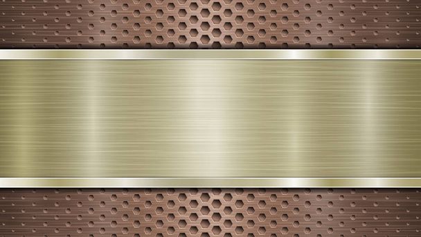 Achtergrond van bronzen geperforeerde metalen oppervlak met gaten en horizontale gouden gepolijste plaat met een metalen textuur, glans en glanzende randen - Vector, afbeelding