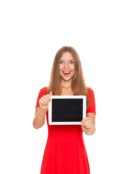 Pretty woman with happy smile holding tablet computer - 写真・画像