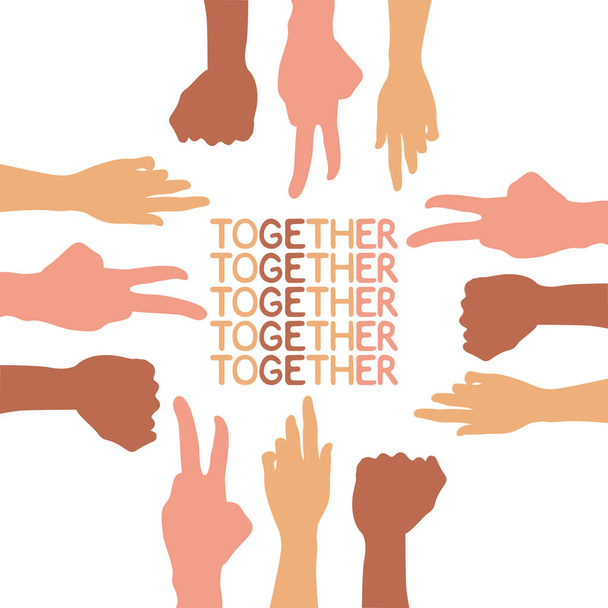 Illustration der Vereinigung von Menschen verschiedener Gruppen. Verschiedene Hände werden im Kreis untersucht. Die Vereinigung der Frauen. Teamwork. Die Inschrift ist beisammen. Grußkarte, Flyer isoliertes Vecto - Vektor, Bild