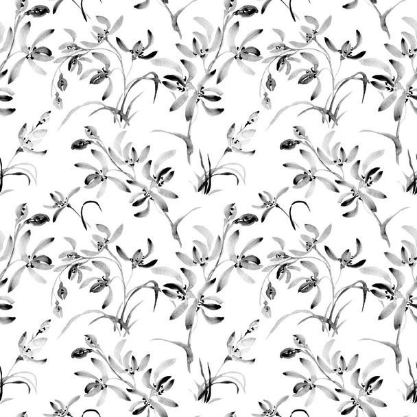 Ink illustration of blossom orchid and grass. Sumi-e, u-sin painting. Seamless pattern. - Photo, Image