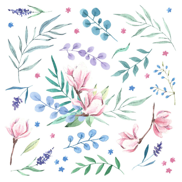 Hand drawn watercolor botanical elements set. Magnolia, leaves, bouquets - Foto, imagen